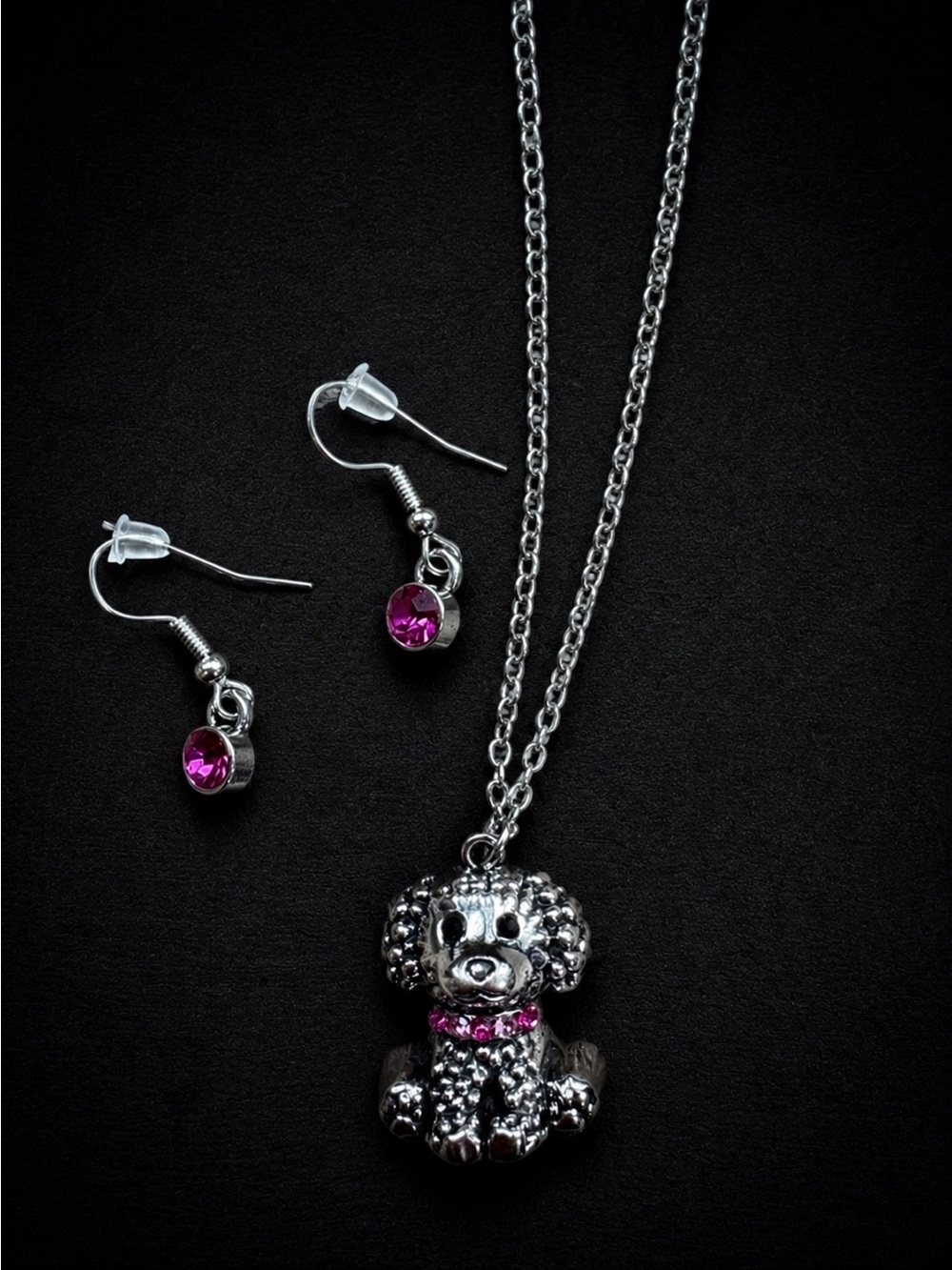 Kids Silver Puppy Pendant Necklace with Pink Earrings - New